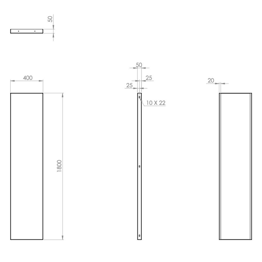 Slät skärmvägg i lackerad stål - enkel, bredd 400 mm